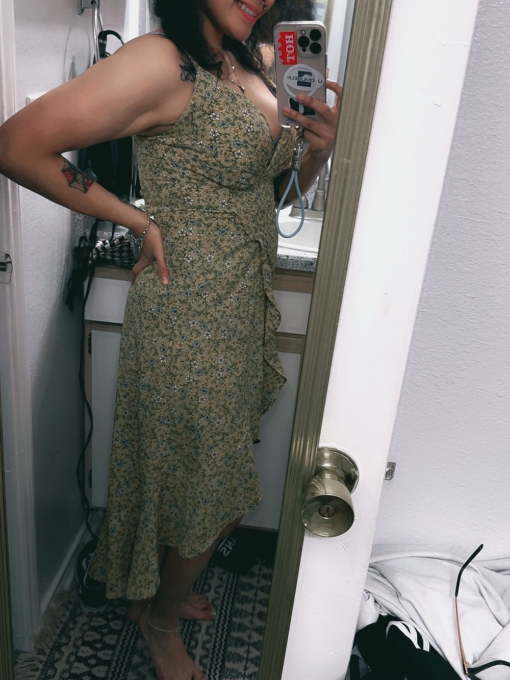 Floral Wrap Midi Dress in Olive Green